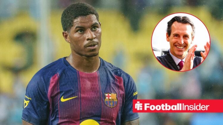 Barcelona star Marcus Rashford glances towards a circular inset, where Aston Villa manager Unai Emery smiles and applauds.
