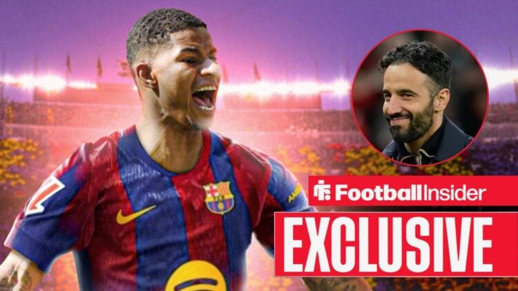 Marcus Rashford looking happy for Barcelona on the left with a smirking Ruben Amorim on the right for Man United