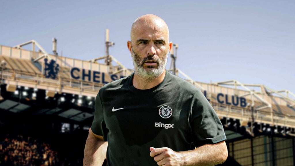 Chelsea manager Enzo Maresca stands at Stamford Bridge.