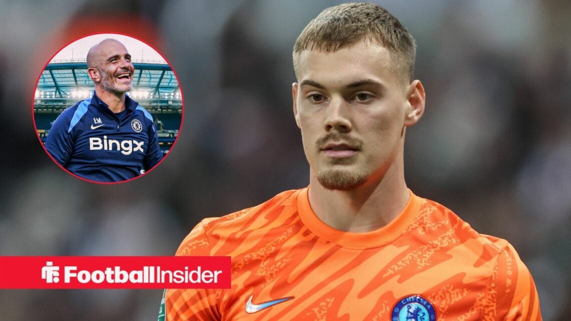 Filip Jorgensen next to a circular inset of Enzo Maresca