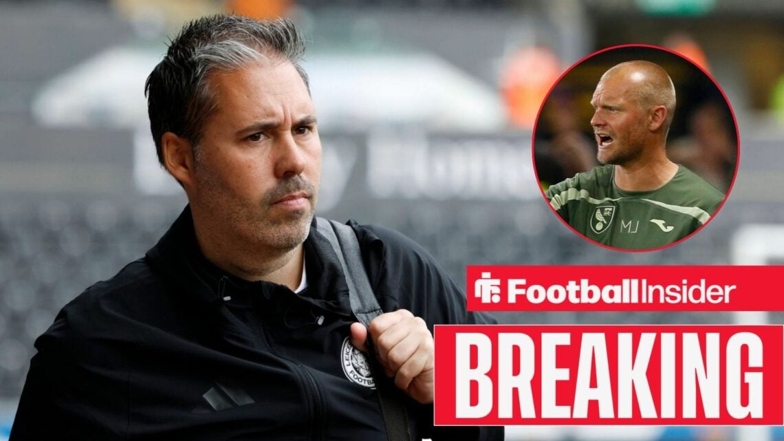 Marti Cifuentes on the sidelines at Leicester, with Liam Manning in a circular inset