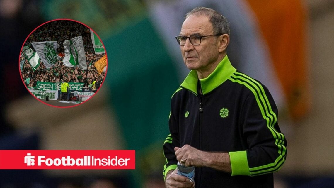 Martin O'Neill clutches a water bottle on the touchline as Celtic fans wave flags in a circular inset.