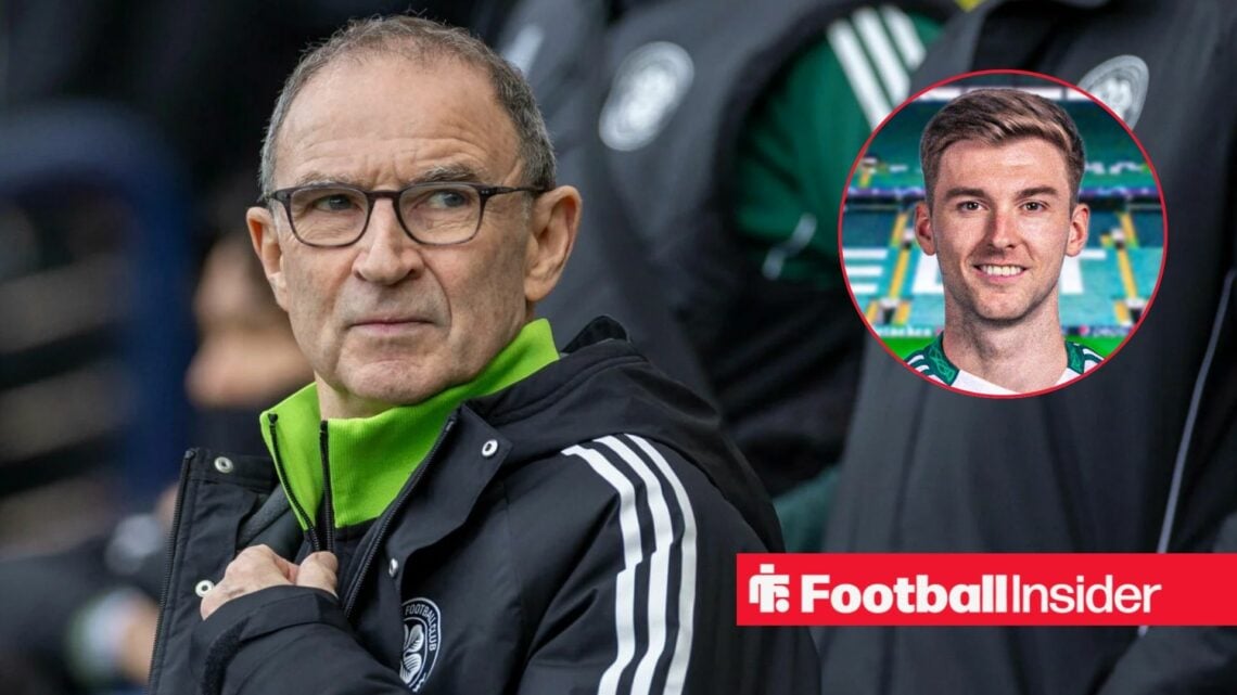 Celtic interim manager Martin O'Neill glances towards a circular inset, where Kieran Tierney smiles.