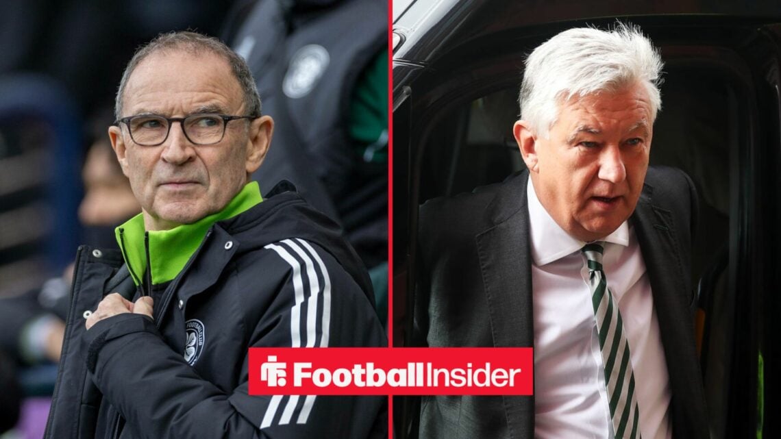 A split image as interim Celtic manager Martin O'Neill glances across at chairman Peter Lawwell, who features in the right half.