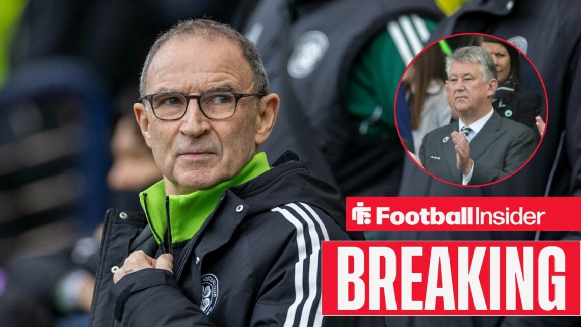 Martin O'Neill on the sidelines for Celtic, with Peter Lawwell in a circular inset