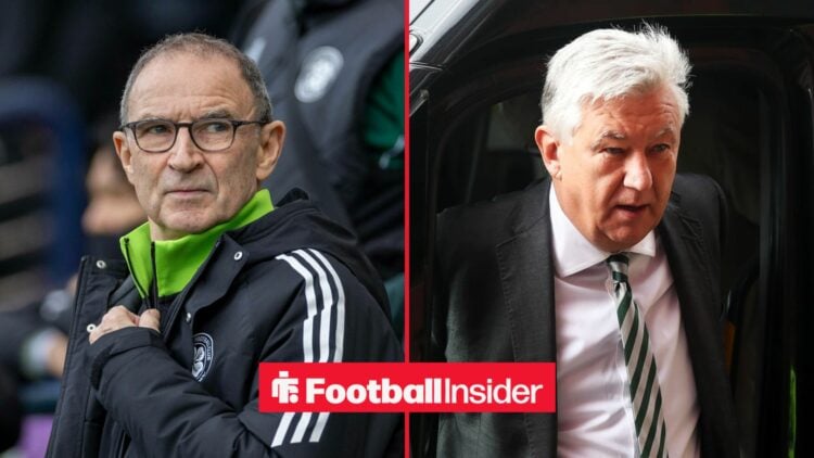 A split image as interim Celtic manager Martin O'Neill glances across at chairman Peter Lawwell, who features in the right half.