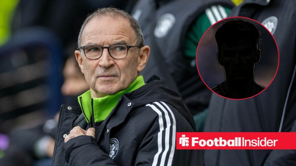 Martin O'Neill looking focused for Celtic on the left with Kieran Tierney's silhouette on the right