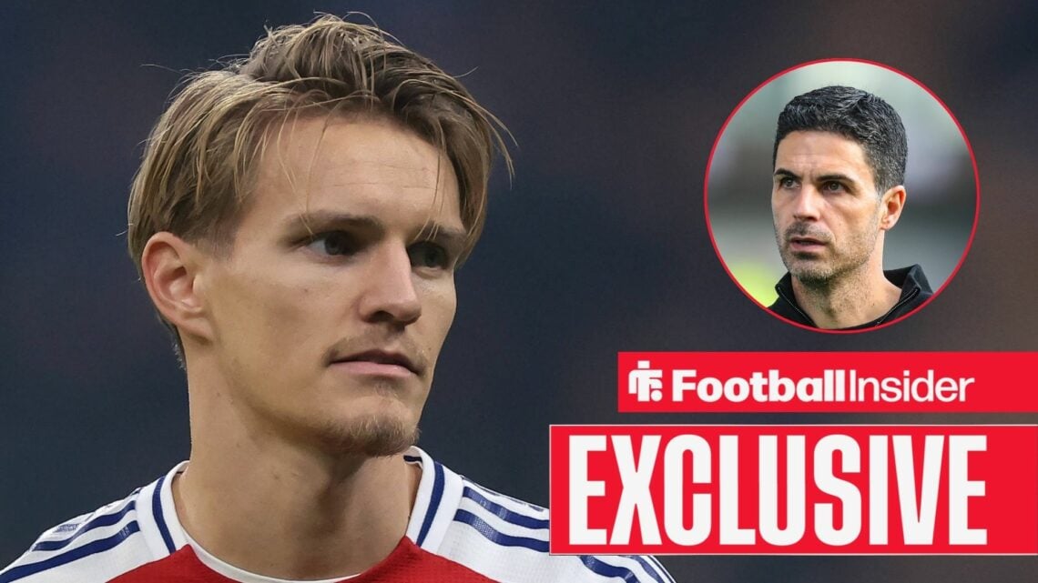Martin Odegaard looking focused on the left for Arsenal with Mikel Arteta serious on the right