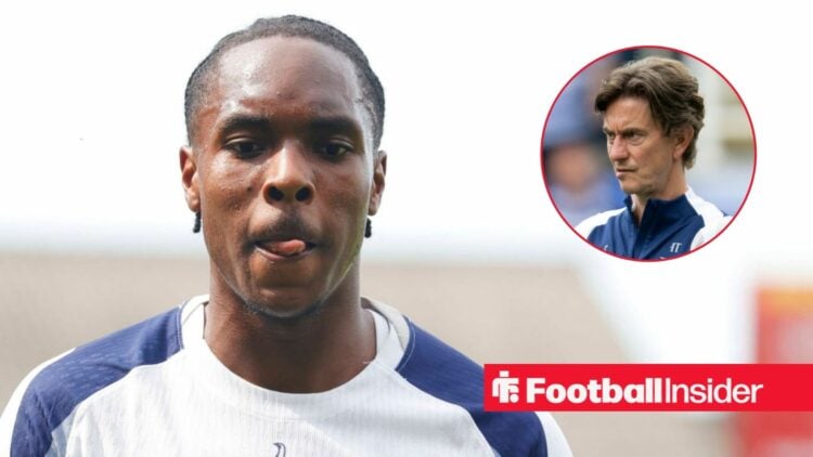 Mathys Tel in action for Tottenham, with Thomas Frank in a circular inset