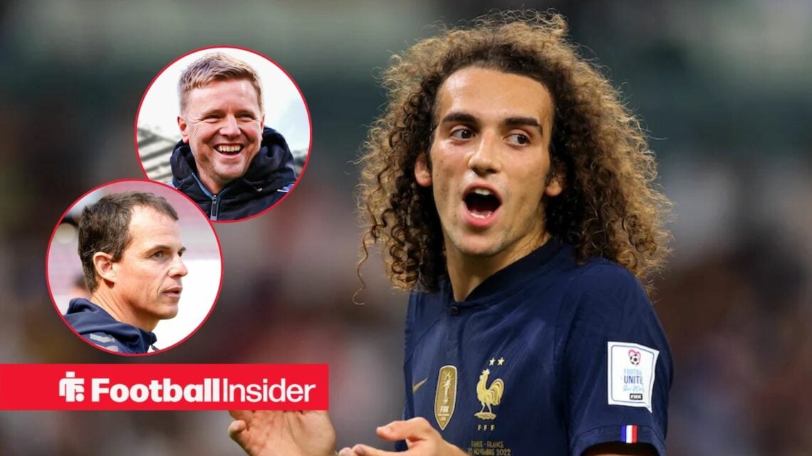Matteo Guendouzi in action during a game for France, as Newcastle manager Eddie Howe and Sunderland boss Regis Le Bris watch on from circular insets.