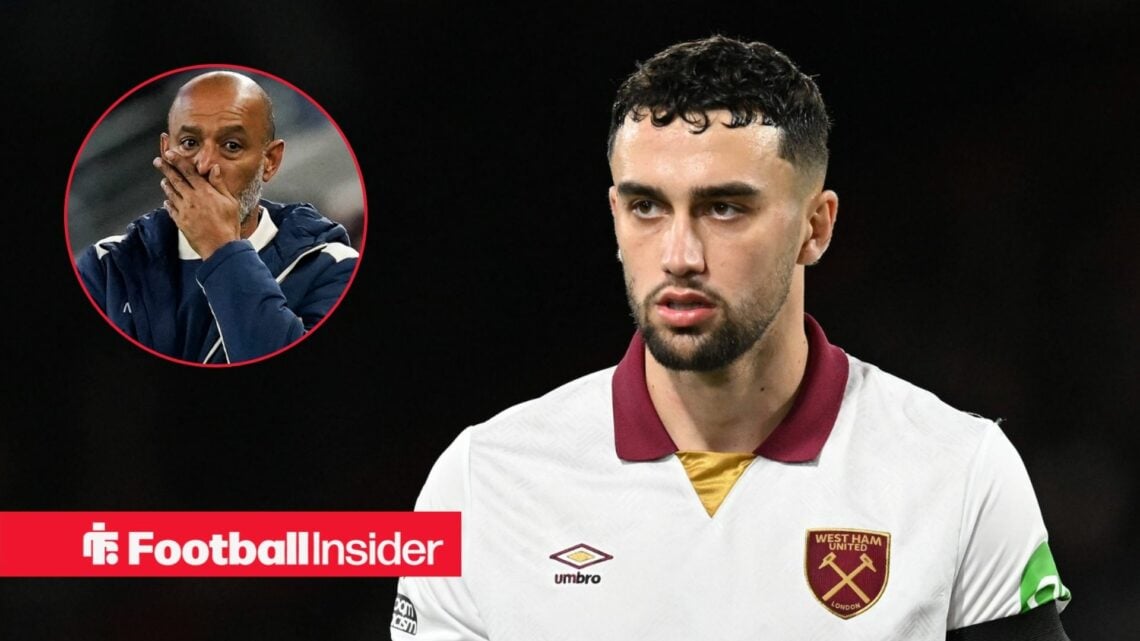 Max Kilman in action for West Ham, with Nuno Espirito Santo in a circular inset