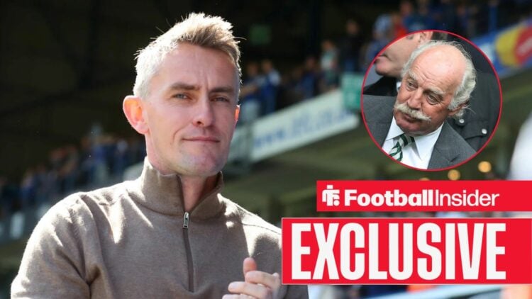 Kieran McKenna clapping with Dermot Desmond included in a circular inset