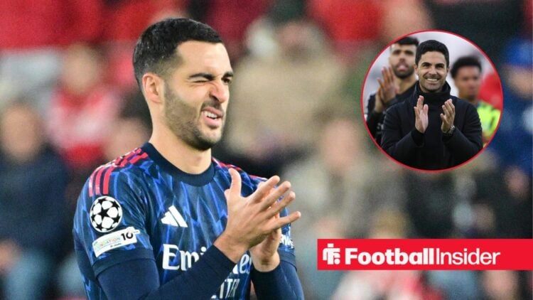 Arsenal's Mikel Merino clapping with Mikel Arteta inset