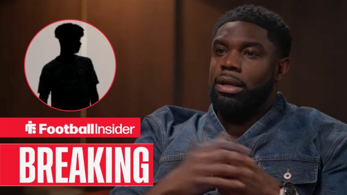 Micah Richards in an interview, Nico O'Reilly's silhouette in a circular inset