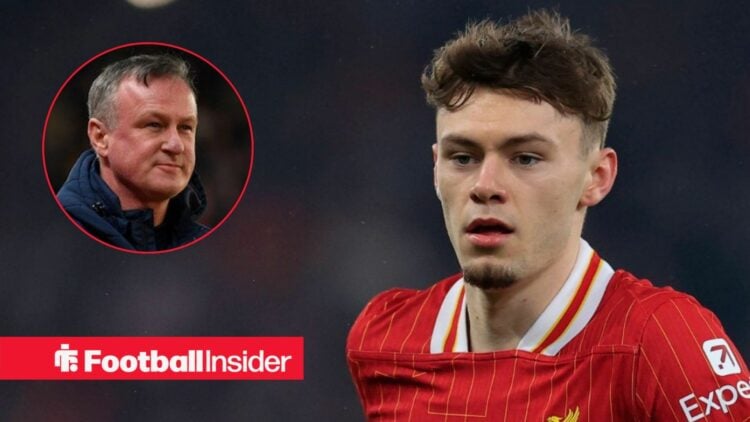 Michael O'Neill smiling on the left with Conor Bradley focused for Liverpool on the right