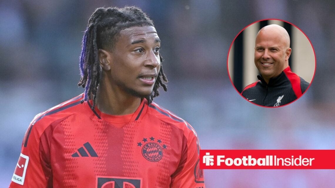 Bayern Munich star glances towards a circular inset, where Liverpool manager Arne Slot grins back at him.