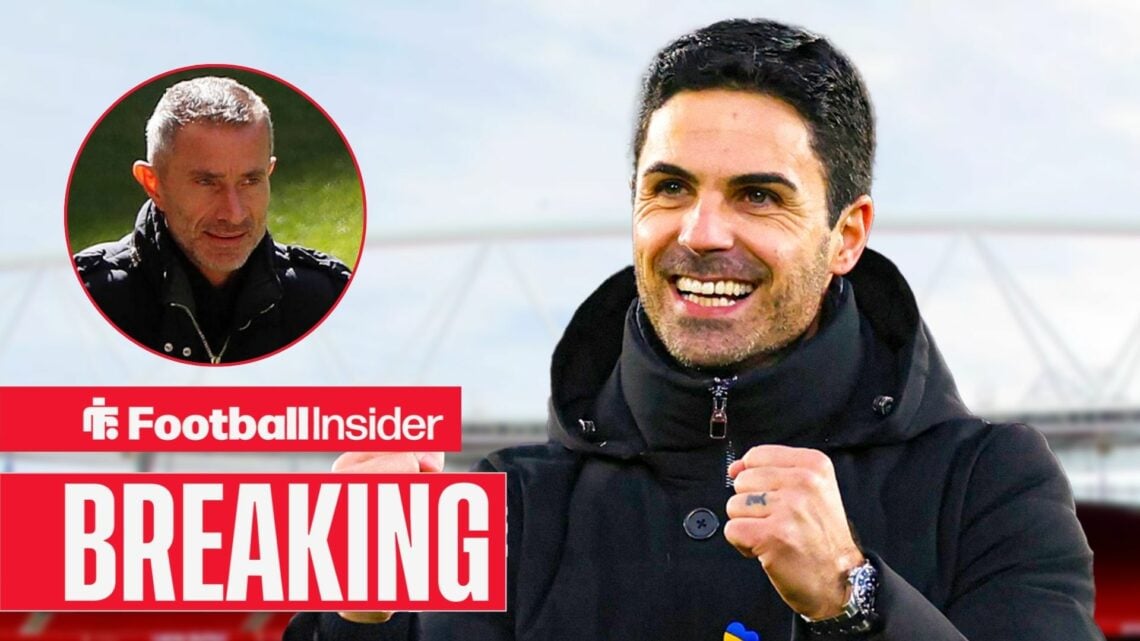 Mikel Arteta celebrating at the Emirates, with Andrea Berta in a circular inset