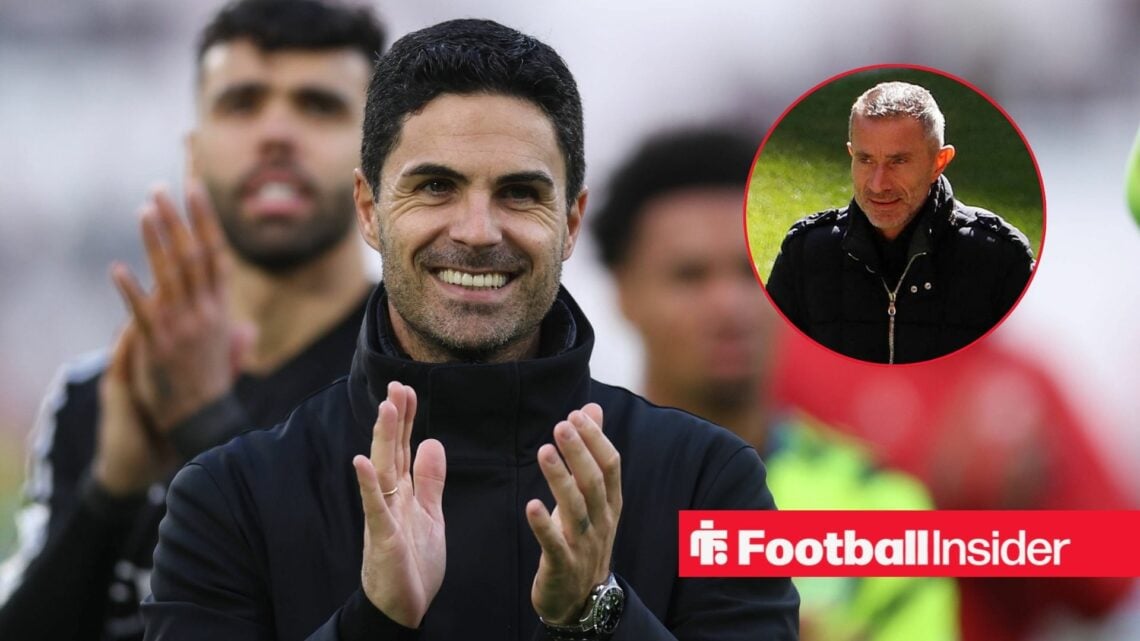 Mikel Arteta smiling with Andrea Berta included in a circular inset
