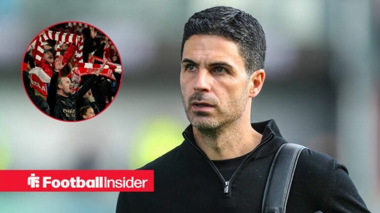 Mikel Arteta glances towards a circular inset, where Arsenal fans hold scarves aloft.