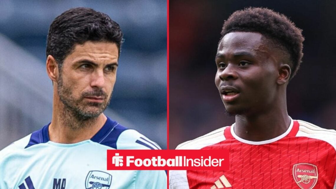 Mikel Arteta leading Arsenal in training, with Bukayo Saka in action