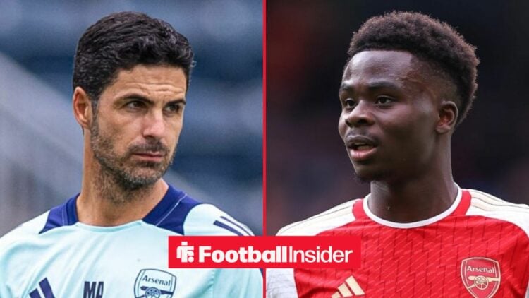 Mikel Arteta leading Arsenal in training, with Bukayo Saka in action