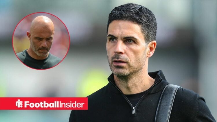 Arsenal manager Mikel Arteta stares towards a circular inset, where Chelsea boss Enzo Maresca stares at the ground.