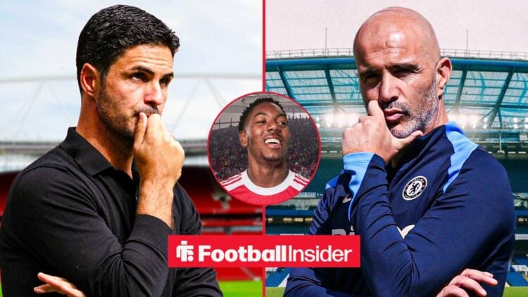Mikel Arteta and Enzo Maresca pondering, with Myles Lewis-Skelly in a circular inset