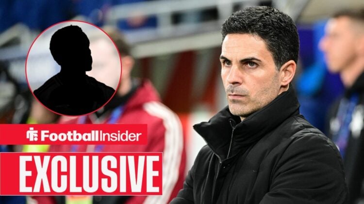 Mikel Arteta on the sidelines, Jurrien Timber's silhouette in a circular inset