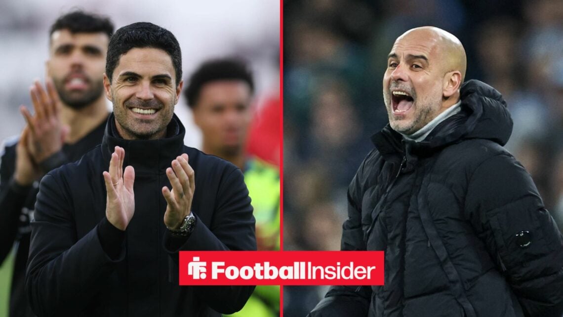 Mikel Arteta applauding at Arsenal, with Pep Guardiola raging on the sidelines