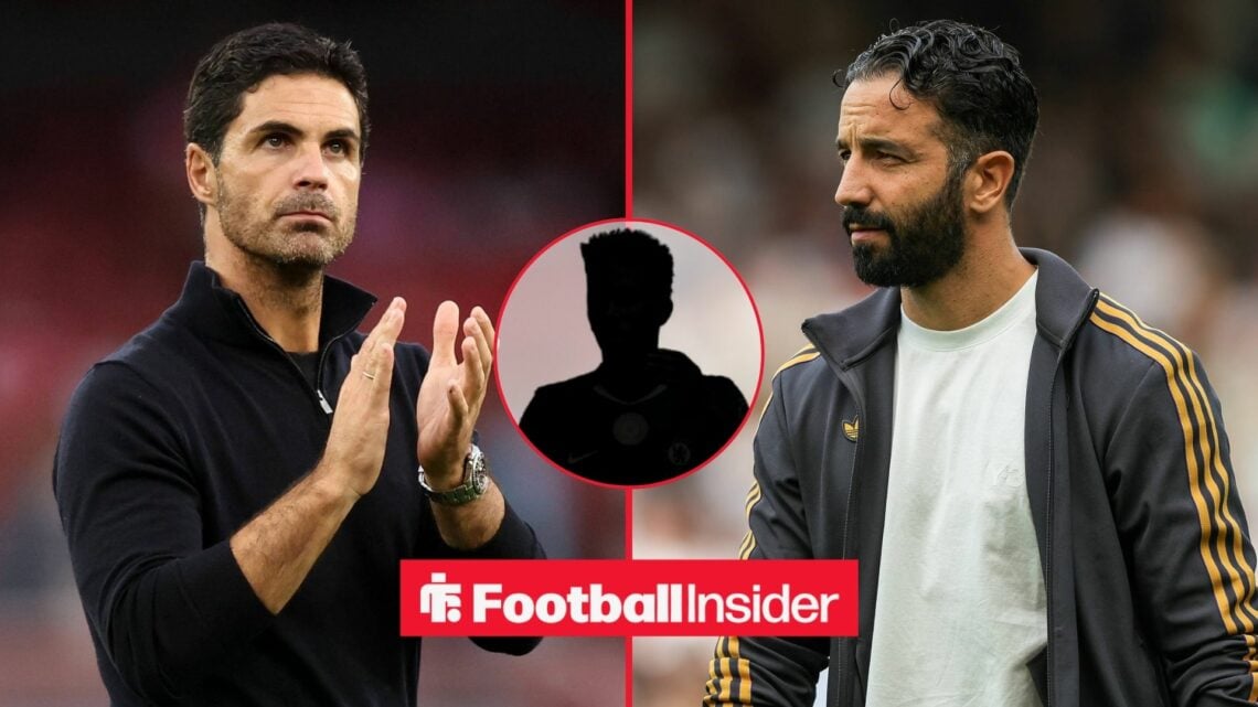 Mikel Arteta and Ruben Amorim side-by-side, Estevao's silhouette in a circular inset
