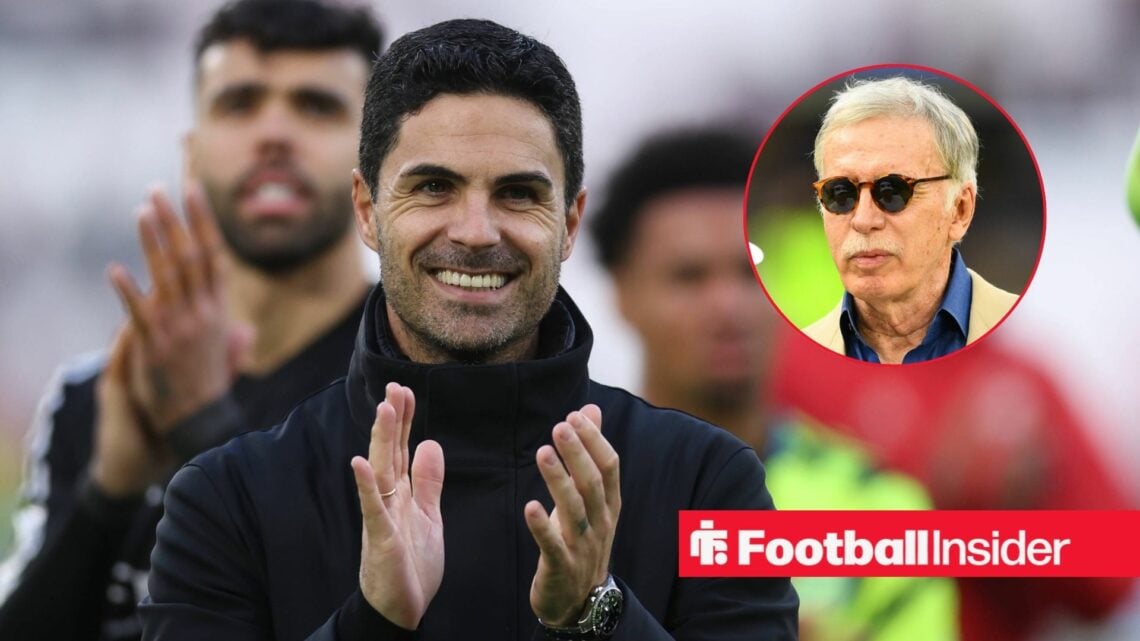 Mikel Arteta clapping with Stan Kroenke included in a circular inset