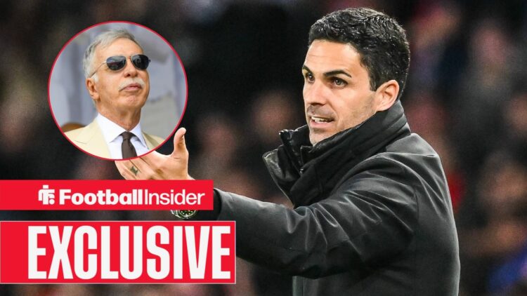 Mikel Arteta with his arm stretched out with Stan Kroenke included in a circular inset