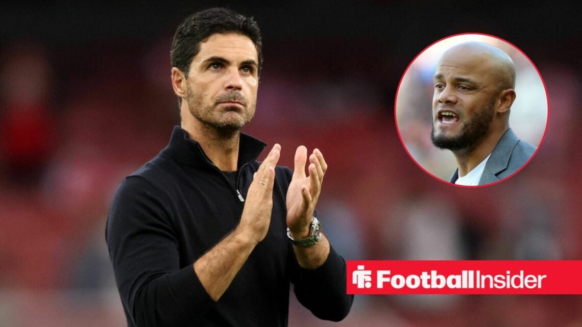 Arsenal manager Mikel Arteta applauds as Bayern Munich boss Vincent Kompany features in a circular inset.