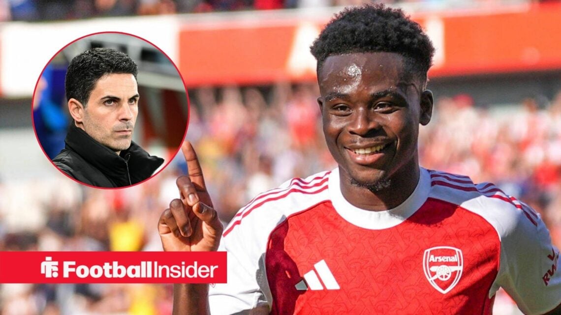 Mikel Arteta looking serious on the left with a happy Bukayo Saka on the right for Arsenal