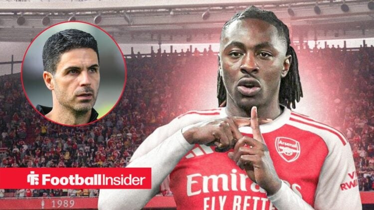 Mikel Arteta looking focused on the left with Eberechi Eze in front of the Emirates doing a cross sign for Arsenal