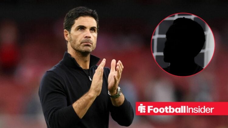 Mikel Arteta clapping on the left for Arsenal with Jurrien Timber's silhouette on the right