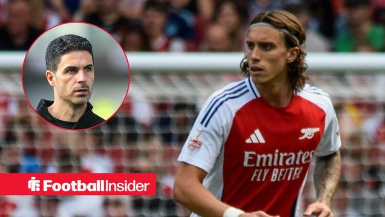 Mikel Arteta looking serious on the left with Riccardo Calafiori looking focused on the right for Arsenal