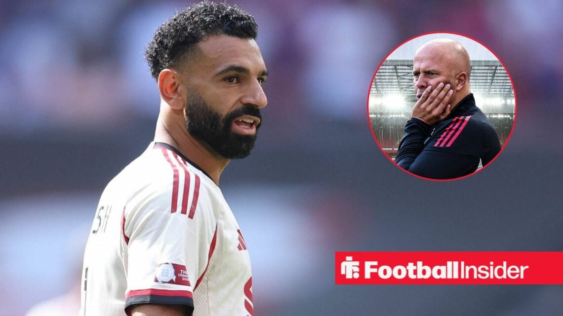 Mohamed Salah looking concerned with Arne Slot included in a circular inset