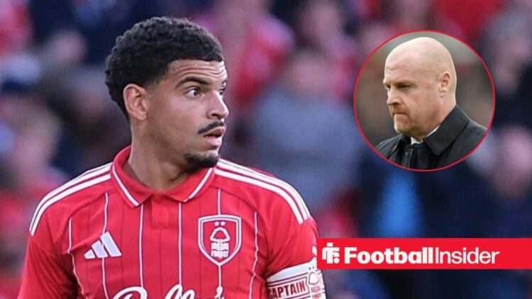 Morgan Gibbs-White in action for Nottingham Forest, with Sean Dyche in a circular inset