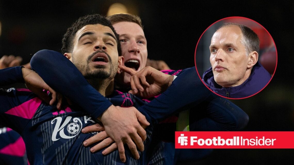 Morgan Gibbs-White with his fingers in his ears and Elliot Anderson behind him with a focused Thomas Tuchel on the right