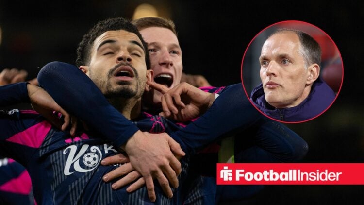 Morgan Gibbs-White with his fingers in his ears and Elliot Anderson behind him with a focused Thomas Tuchel on the right