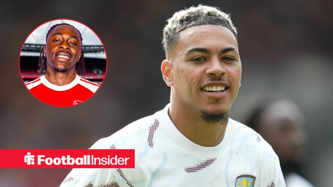 Morgan Rogers warms up ahead of a game for Aston Villa, as Arsenal star Eberechi Eze smiles in a circular inset.
