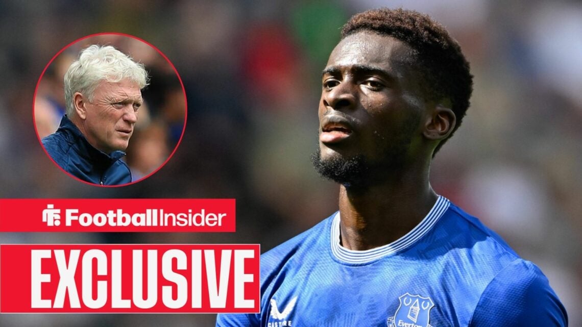 Tim Iroegbunam next to a circular inset of David Moyes