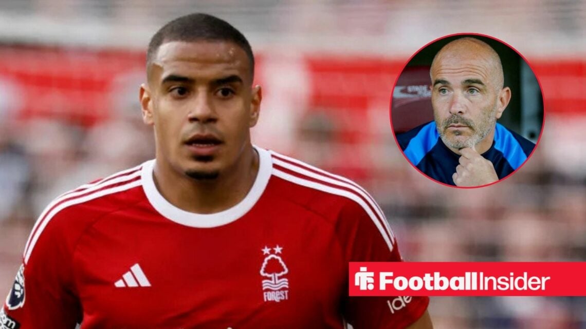 Murillo in action for Nottingham Forest, with Enzo Maresca in a circular inset