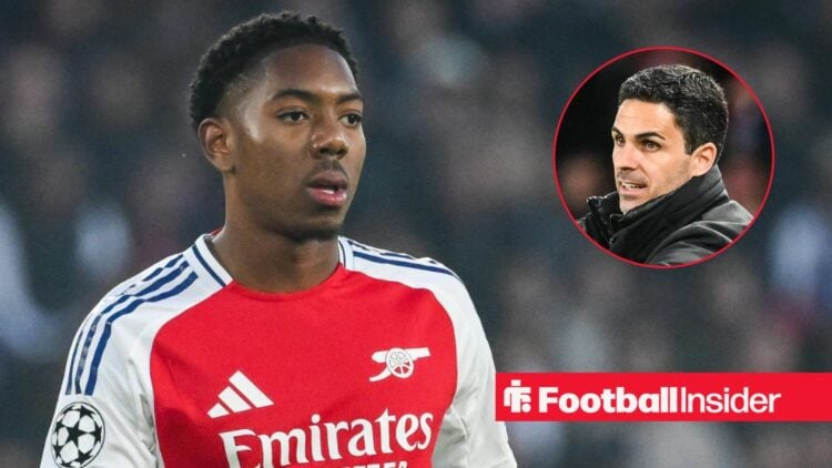 Myles Lewis-Skelly in action for Arsenal, with Mikel Arteta in a circular inset