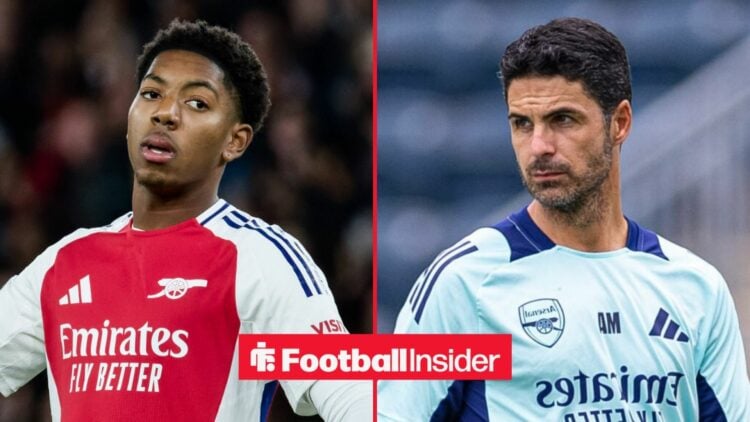 Myles Lewis-Skelly in action for Arsenal, with Mikel Arteta on the training pitch