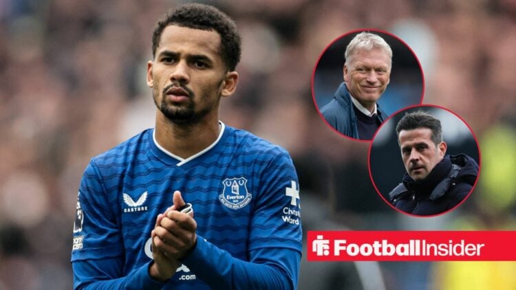 Everton's Iliman Ndiaye with David Moyes and Marco Silva inset