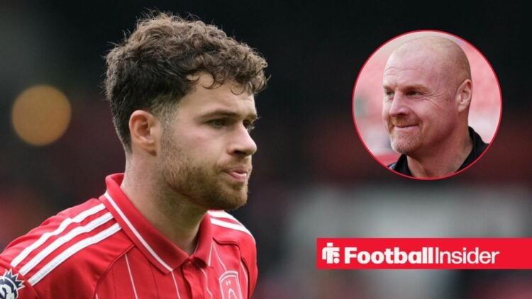 Neco Williams looking focused on the left for Nottingham Forest with Sean Dyche smiling on the right