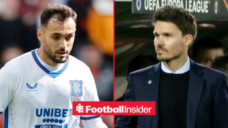 Nedim Bajrami in action for Rangers, with Danny Rohl on the sidelines