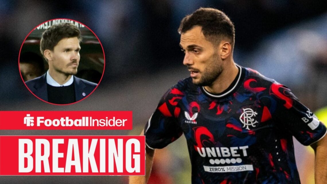 Nedim Bajrami in action for Rangers, with Danny Rohl in a circular inset